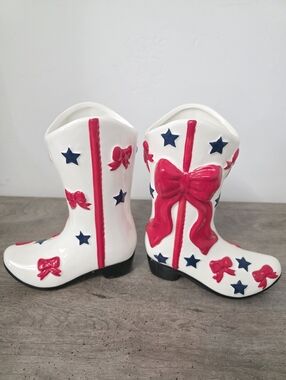 Set of 2 Patriotic 4th of July Stars Bow Boot Vase Planters X 2